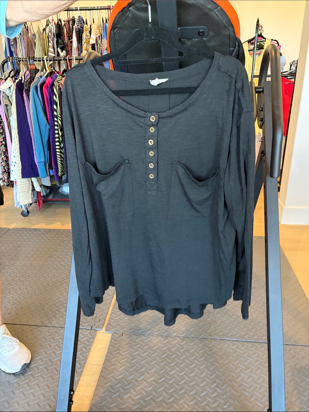 POL Black Long Sleeve Henley with Front Pockets and Button Placket